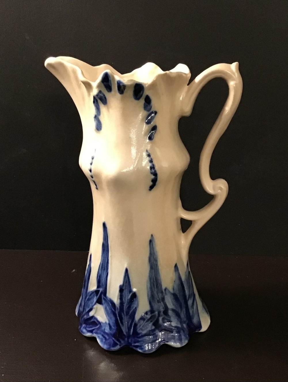 Colonial Mold, Cobalt Drip Pottery Pitcher, Vintage, Blue/Ivory, USA